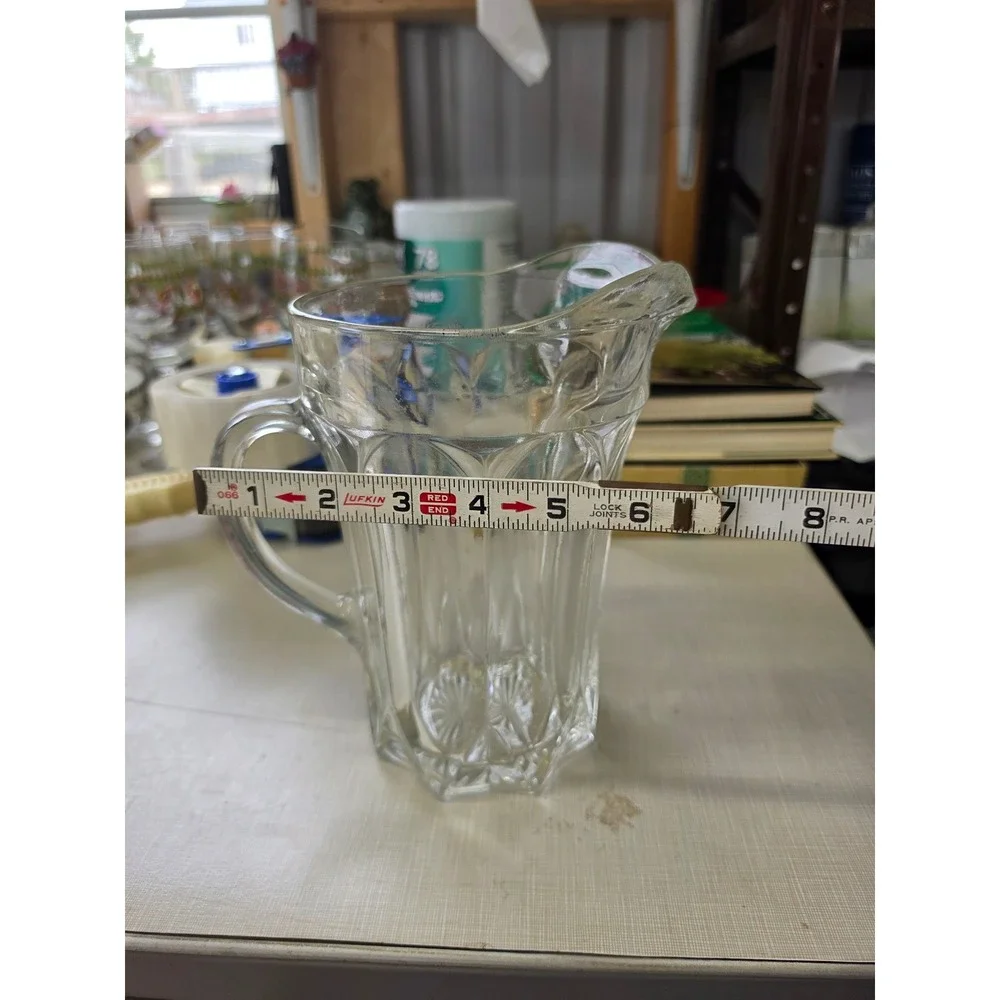 Vintage Clear Pressed Glass Pitcher Paneled Starburst Base Heavy Juice Water Jug